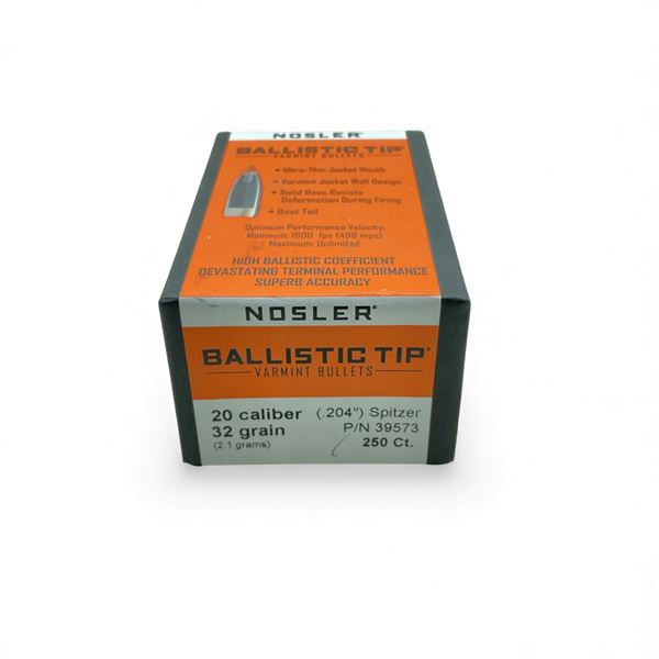 Nosler Ballistic Tip Varmint 20 Cal (.204"), 32 Grain Spitzer Projectiles, 250 Qty