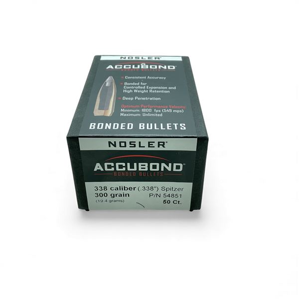 Nosler AccuBond Bonded 338 Cal (.338"), 300 Grain Spitzer Projectiles, 50 Qty