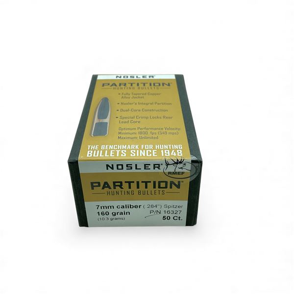 Nosler Partition 7mm Cal (.284"), 160 Grain Spitzer Projectiles, 50 Qty