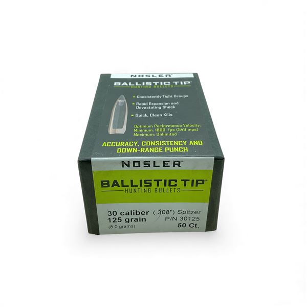 Nosler Ballistic Tip 30 Cal (.308"), 125 Grain Spitzer Projectiles, 50 Qty