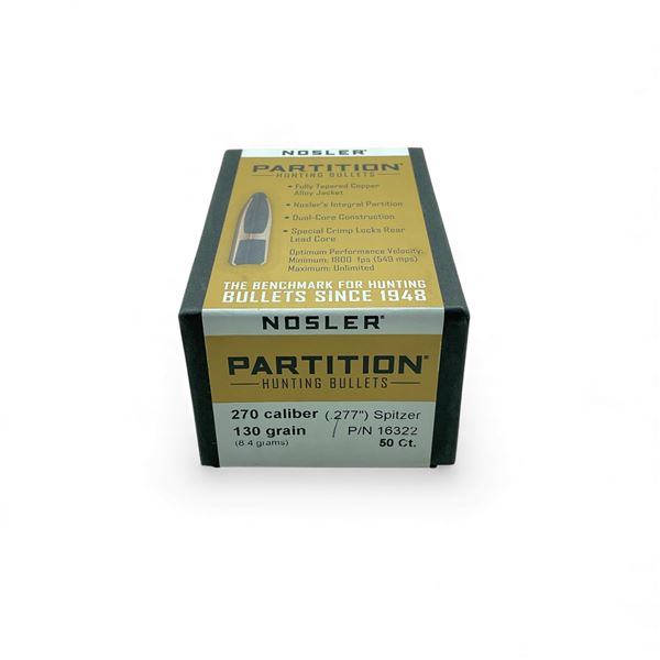 Nosler Partition 270 Caliber (.277"), 130 Grain Spitzer Projectiles, 50 Qty