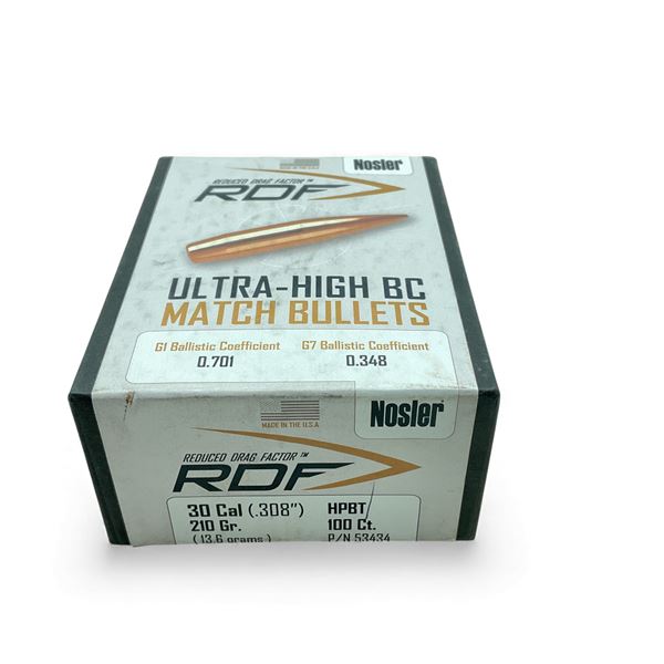 Nosler RDF Ultra-High BC 30 Cal (.308"), 210 Grain HPBT Match Projectiles, 100 Qty