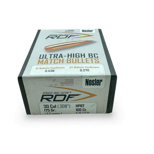 Nosler RDF Ultra-High BC 30 Cal (.308"), 175 Grain HPBT Match Projectiles, 100 Qty