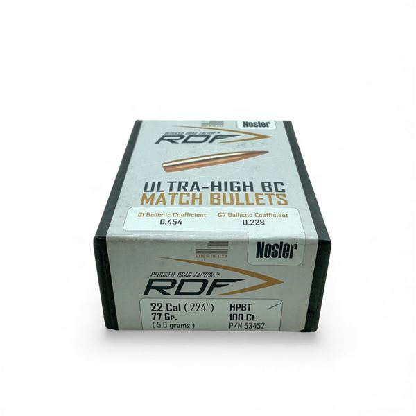Nosler Ultra-High BC 22 Cal (.224"), 77 Grain HPBT Match Projectiles, 100 Qty