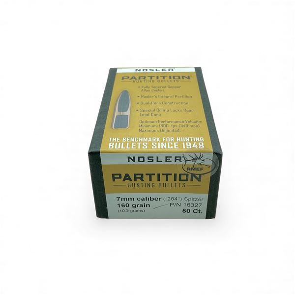 Nosler Partition 7mm Cal (.284"), 160 Grain Spitzer Projectiles, 50 Qty