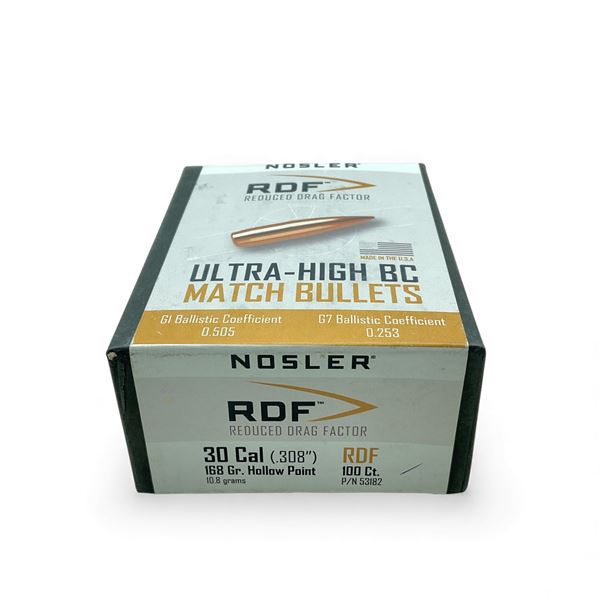 Nosler RDF Ultra-High BC 30 Cal (.308"), 168 Grain Hollow Point RDF Match Projectiles, 100 Qty