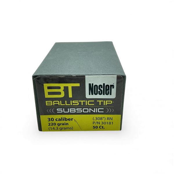 Nolser Ballistic Tip Subsonic 30 Cal (.308"), 220 Grain RN Projectiles, 50 Qty
