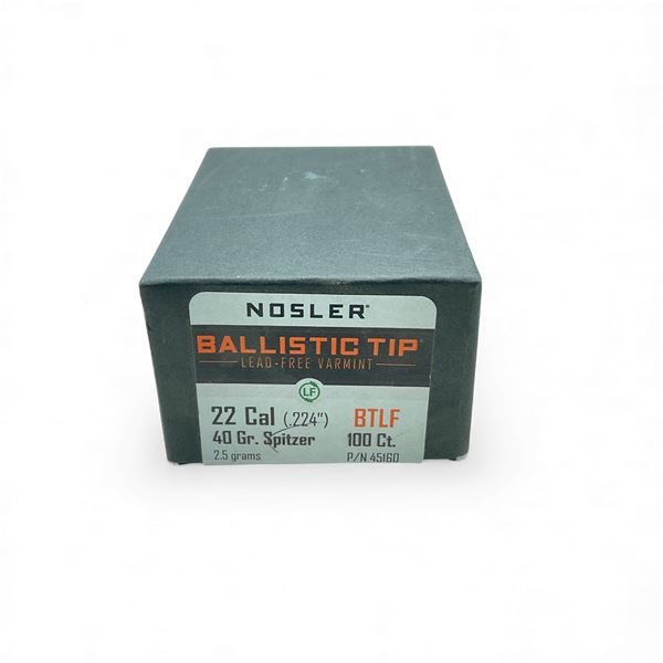 Nosler Ballistic Tip Lead-Free 22 Cal (.224"), 40 Grain Spitzer BTLF Projectiles, 100 Qty
