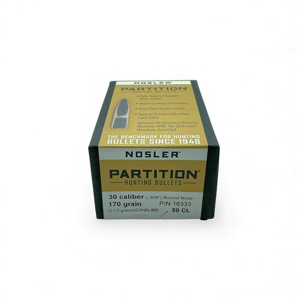 Nosler Partition 30 Cal (.308"), 170 Grain Round Nose Projectiles, 50 Qty