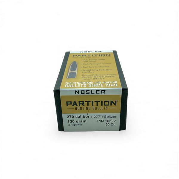 Nosler Partition 270 Cal (.277"), 130 Grain Spitzer Projectiles, 50 Qty
