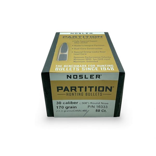 Nosler Partition 30 Cal (.308"), 170 Grain Round Nose Projectiles, 50 Qty