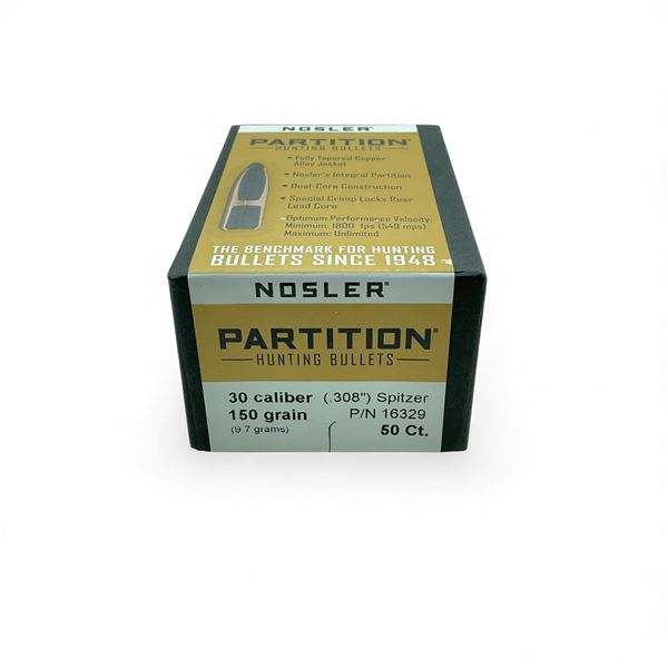 Nosler Partition 30 Cal (.308"), 150 Grain Spitzer Projectiles, 50 Qty