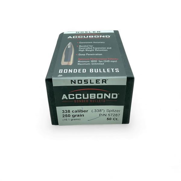 Nosler AccuBond 338 Cal (.338"), 250 Grain Spitzer Projectiles, 50 Qty