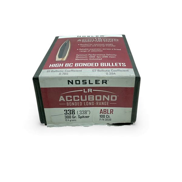 Nosler AccuBond 338 Cal (.338"), 300 Grain Spitzer ABLR Projectiles, 100 Qty