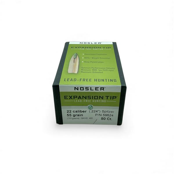 Nosler Expansion Tip 22 Cal (.224"), 55 Grain Spitzer Lead Free Projectiles, 50 Qty