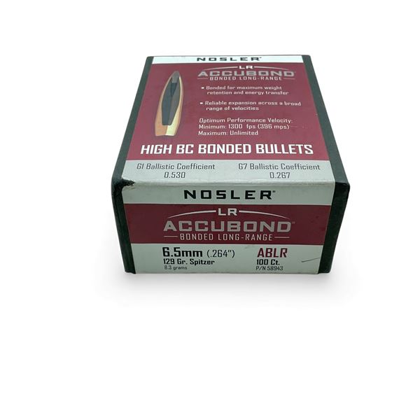 Nosler AccuBond 6.5mm (.264"), 129 Grain Spitzer ABLR Projectiles, 100 Qty