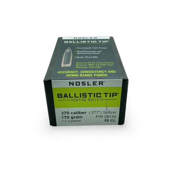 Nosler Ballistic Tip 270 Cal (.277"), 170 Grain Spitzer Projectiles, 50 Qty