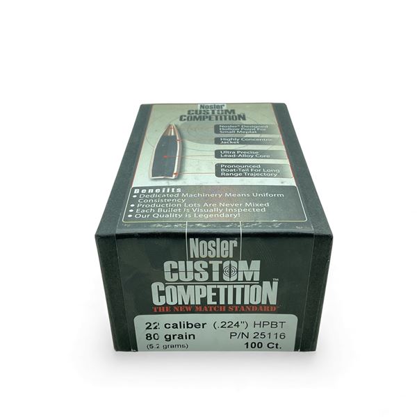 Nosler Custom Competition 22 Cal (.224"), 80 Grain HPBT Projectiles, 100 Qty