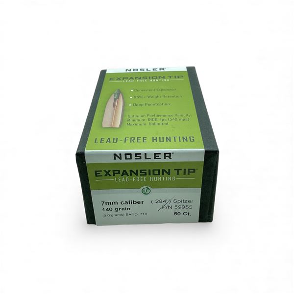Nosler Expansion Tip 7mm Cal (.284"), 140 Grain Spitzer Projectiles, 50 Qty