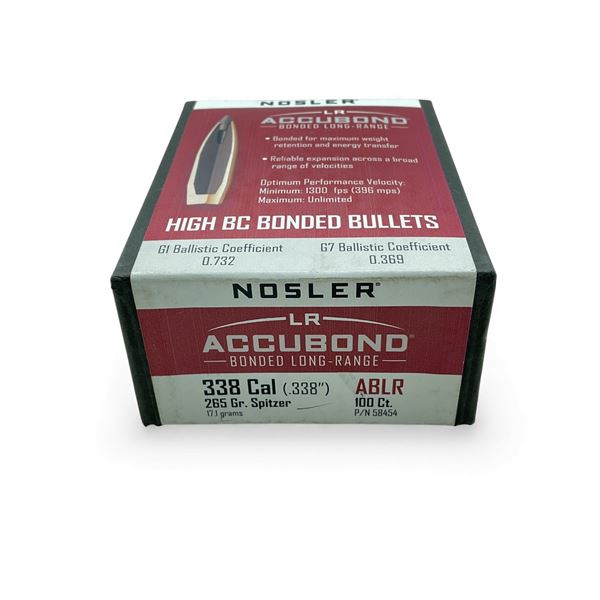 Nosler AccuBond 338 Cal (.338"), 265 Grain Spitzer ABLR Projectiles, 100 Qty