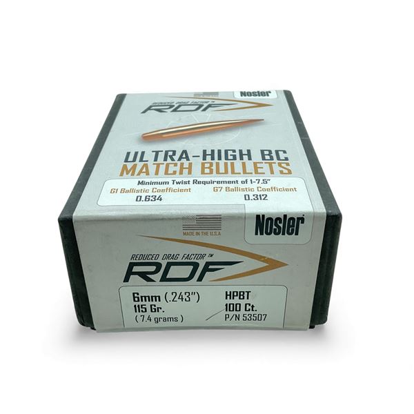 Nosler RDF Ultra-High BC 6mm (.243"), 115 Grain HPBT Match Projectiles, 100 Qty