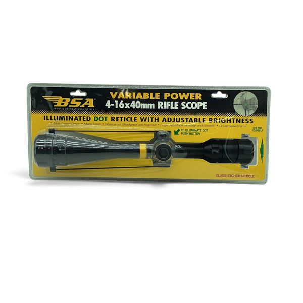 BSA 4-16X40mm Variable Power Rifle Scope with Illuminated Dot Reticle, New