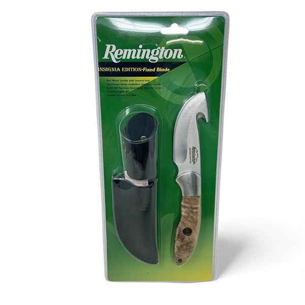 Remington Insignia Edition Fixed 3" Blade Knife with Gut Hook and Leather Sheath, New
