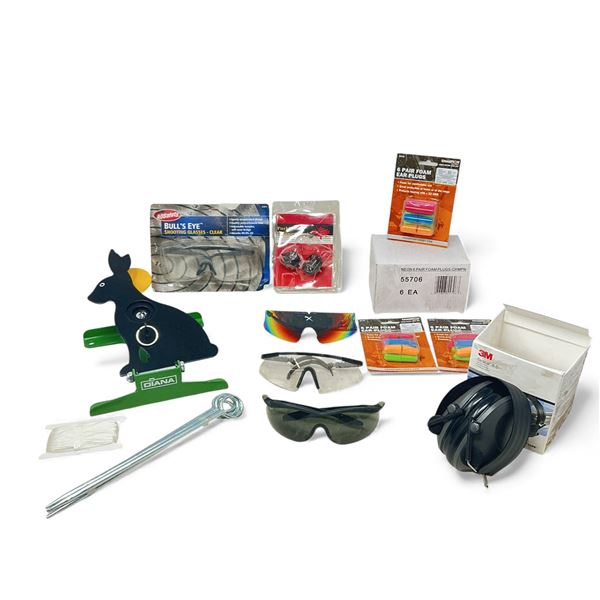 Assorted Shooting Supplies, Range Gear and Steel Target