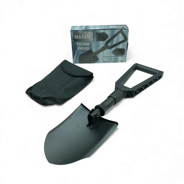 Maxam Folding Folding Shovel with Carbon Steel Construction, Leymar Handle and Nylon Pouch, New