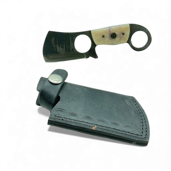 Fixed 2 1/2" Damascus Blade Small Cleaver Style Knife with Bone Handle and Sheath