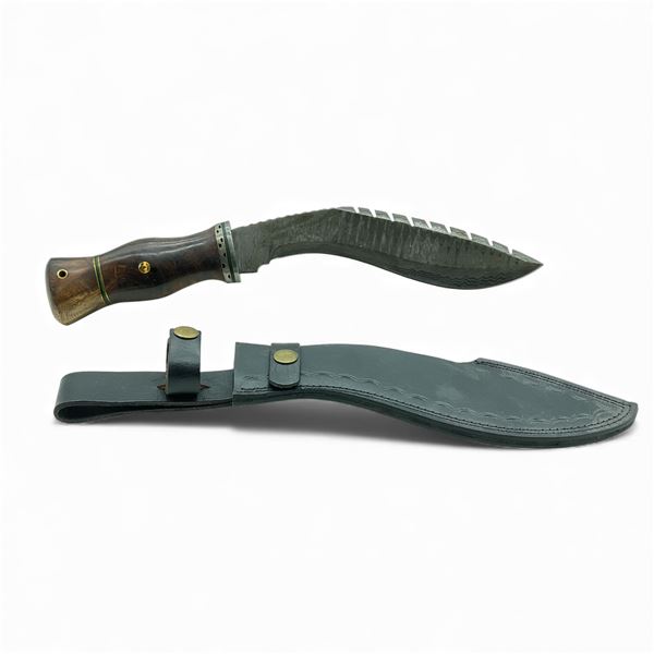 Fixed 8" Damascus Kukri Blade Knife with Wood Handle and Leather Sheath