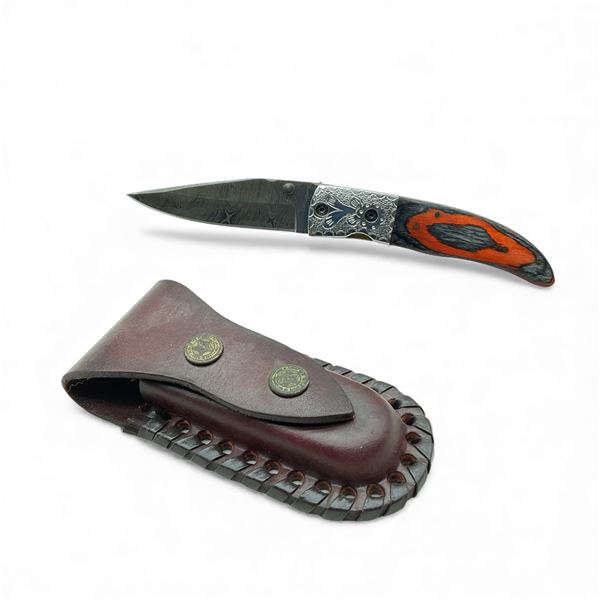 Folding 3" Damascus Blade Knife with Leather Belt Sheath