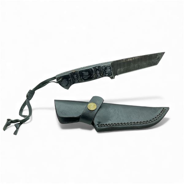 Fixed 3 1/2" Damascus Blade Knife with Leather Belt Sheath