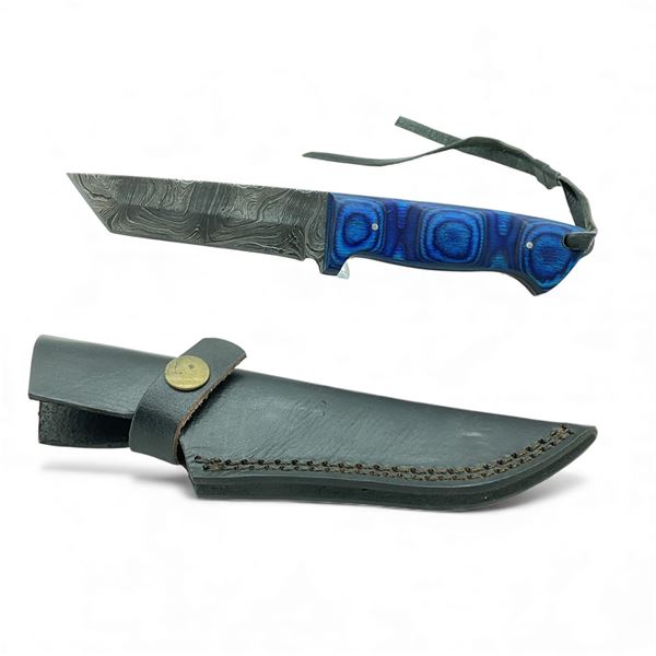 Fixed 3 1/2" Damascus Blade Knife with Blue Wood Handle with Leather Sheath