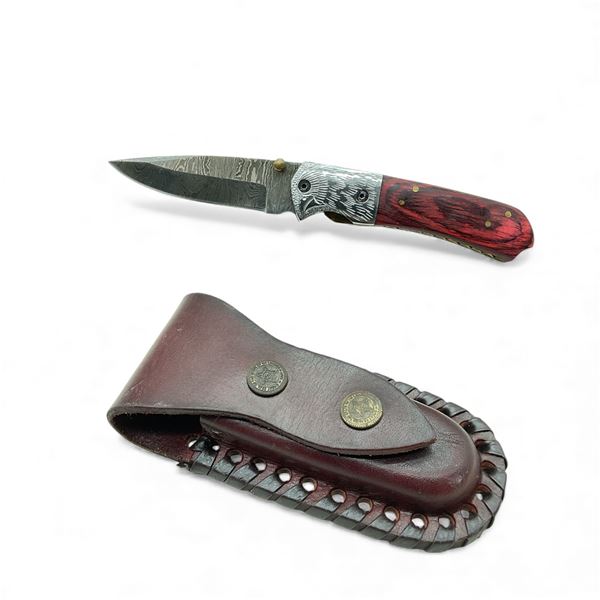 Folding 3" Damascus Blade Knife with Leather Sheath