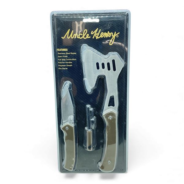 Uncle Henry Survival Pack Includes 4.5" Blade Axe, Folding 3" Blade Pocket Knife and Fire Starter
