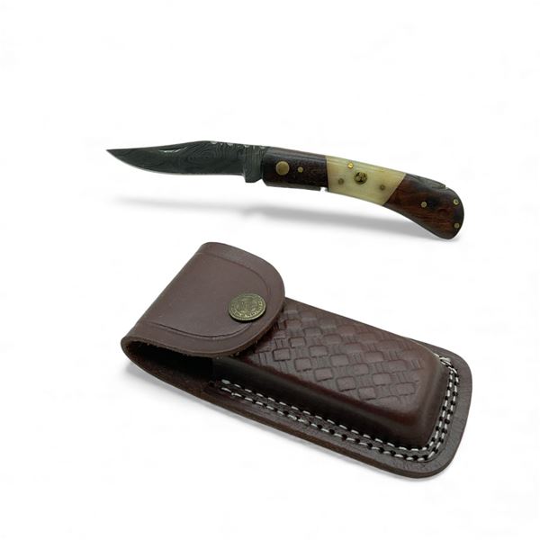 Folding 3" Damascus Blade Knife with Leather Sheath