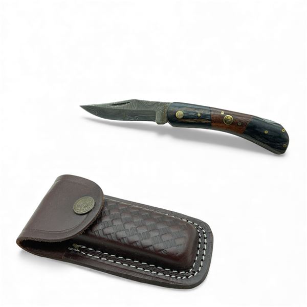 Folding 2 1/2" Damascus Blade Knife in Leather Sheath