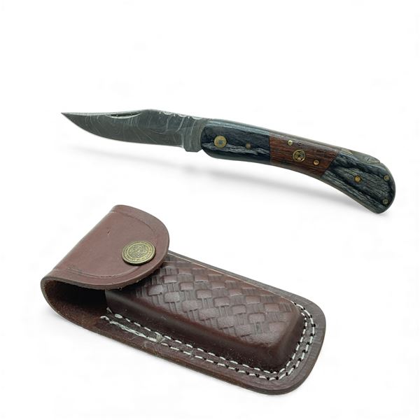 Folding 2 1/2" Damascus Blade Knife in Leather Sheath