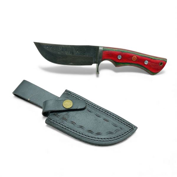 Fixed 4" Damascus Blade Knife with Wood Handle and Leather Belt Sheath