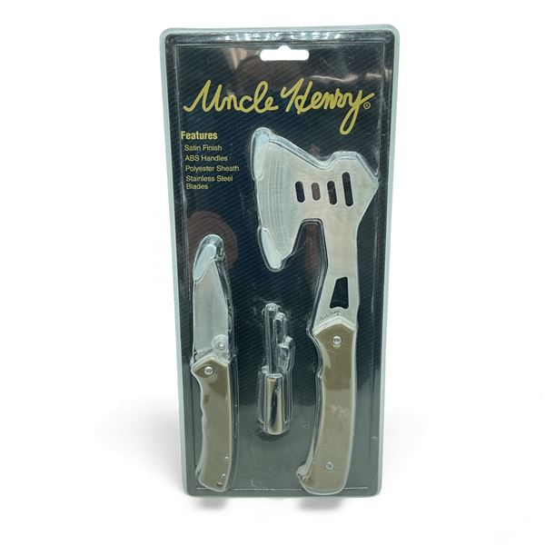 Uncle Henry Survival Pack, Includes 4 1/2" Blade Axe, Folding 3" Blade Pocket Knife and Fire Starter