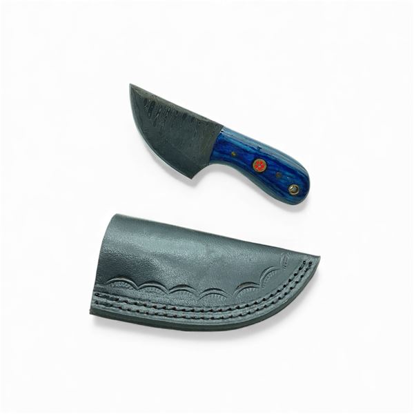 Fixed 3" Damascus Blade Knife with Wood Handle and Leather Sheath