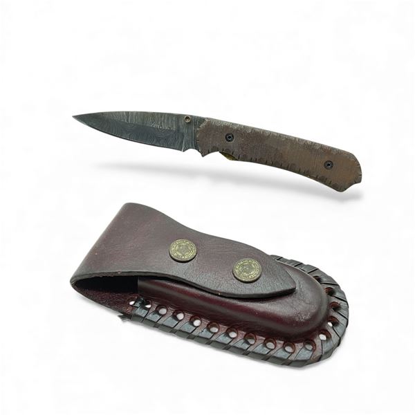 Folding 3" Damascus Blade Knife in Leather Sheath