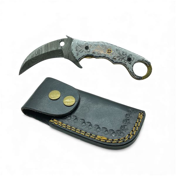 Folding 3" Damascus Blade Silver Look Pocket Knife, Separate Leather Belt Sheath