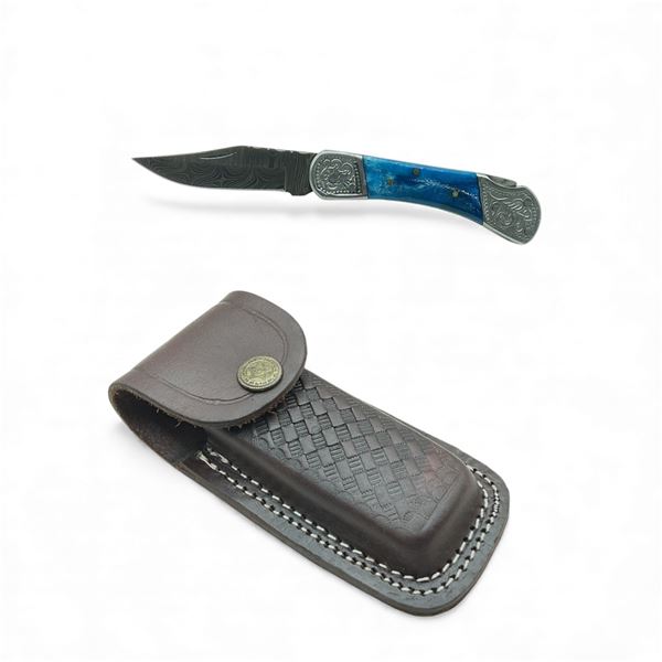 Folding 2 1/2" Damascus Blade Knife in Leather Sheath