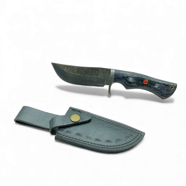 Fixed 4 1/2" Damascus Blade Knife with Grey Wood Handle and Leather Sheath