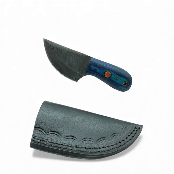 Fixed 2 1/2" Damascus Blade Knife with Blue Wood Handle and Belt Sheath