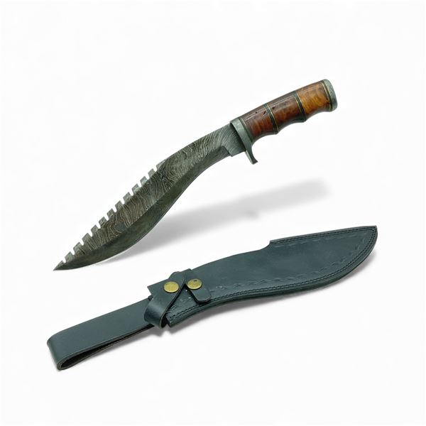 Fixed 9" Damascus Kukri Blade Knife with Wood Handle and Leather Sheath