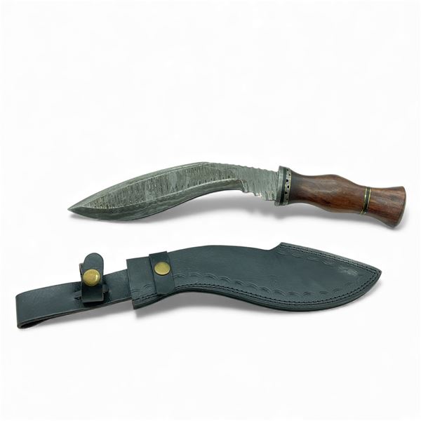 Fixed 7 1/2" Damascus Kukri Blade Knife with Leather Belt Sheath