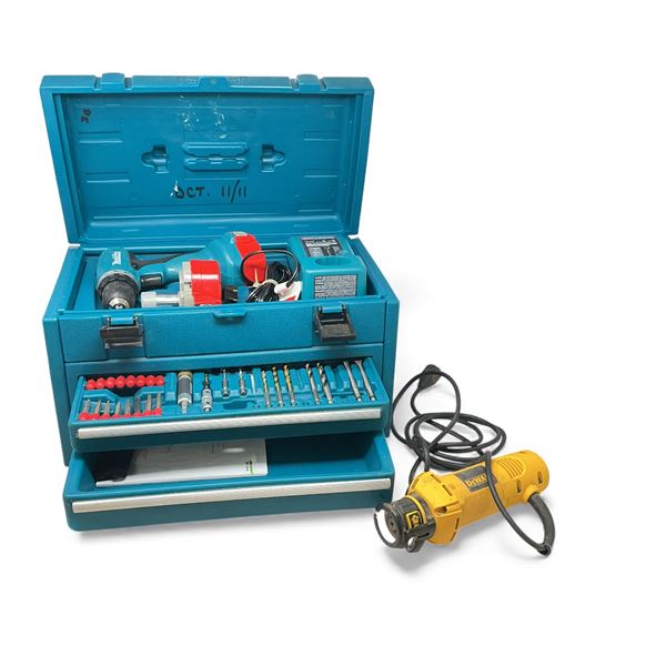 DeWalt DW660 Cut Out Tool and Makita Drill with Bits and Accessories